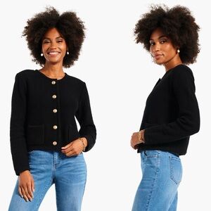 Nic+Zoe Black Gold Button Gilded Texture Cardigan Sweater Jacket, Large